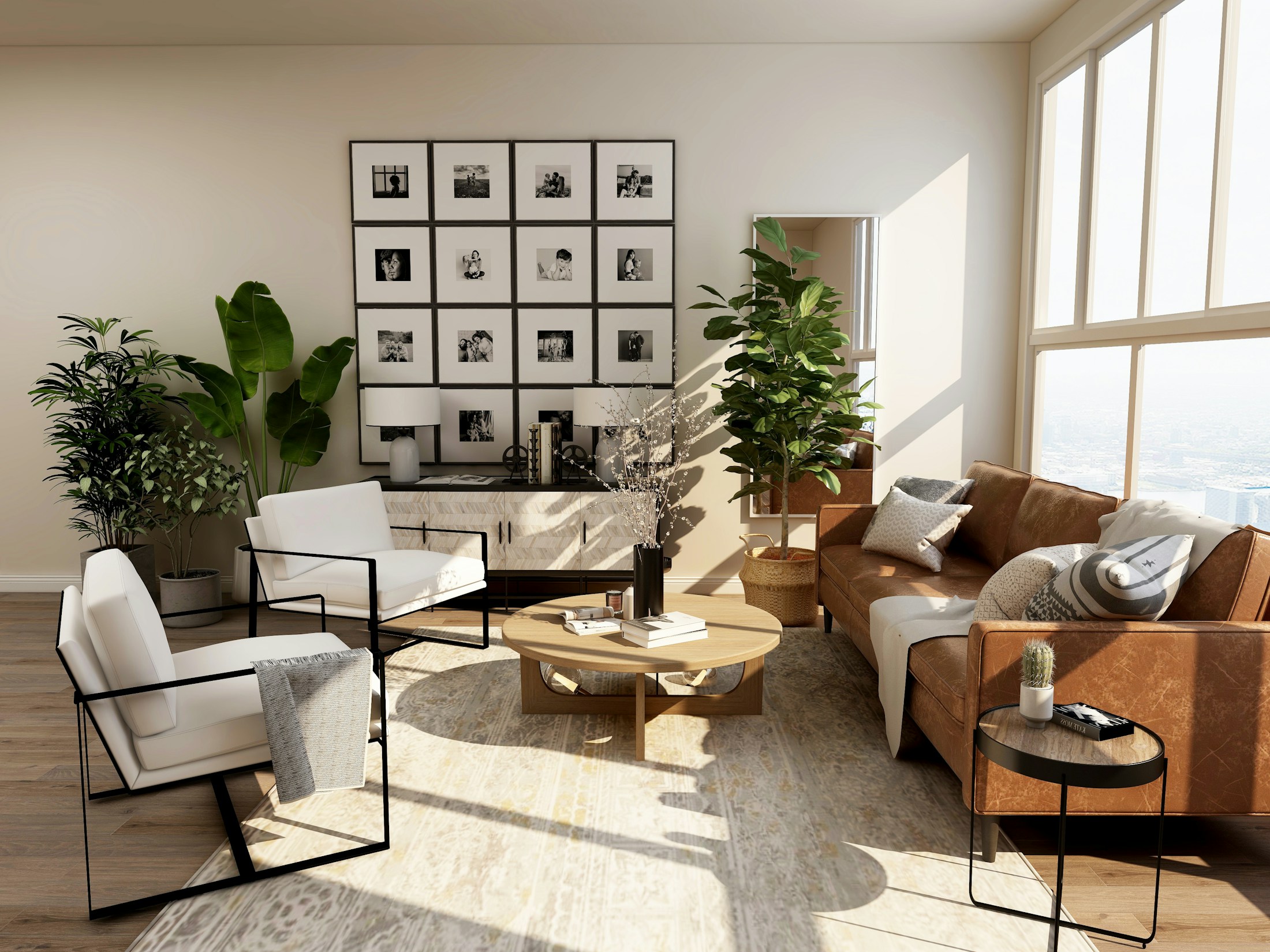 A sun-washed living room with natural textures and comfortable seating